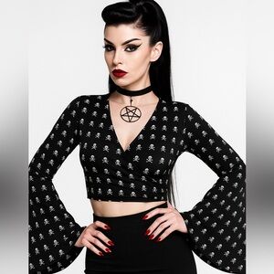 KILLSTAR Betty’s Bash Skull Print Fitted Wrap Top Bell Sleeves Black White XS